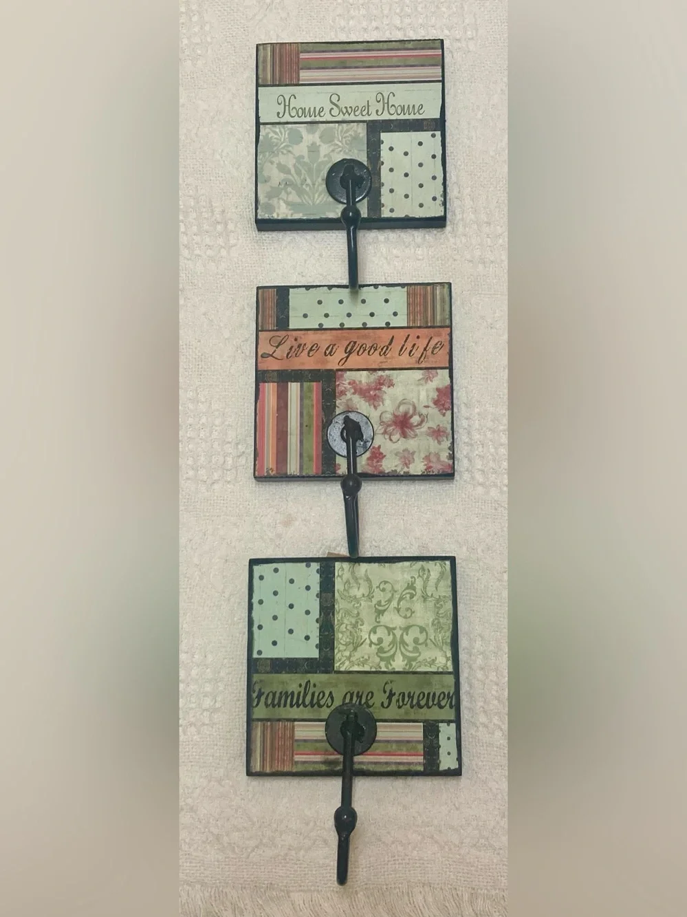 Set of 3 Patchwork Decorative Wall Hooks - Green, Cream & Coral Each 5x5x3/4”